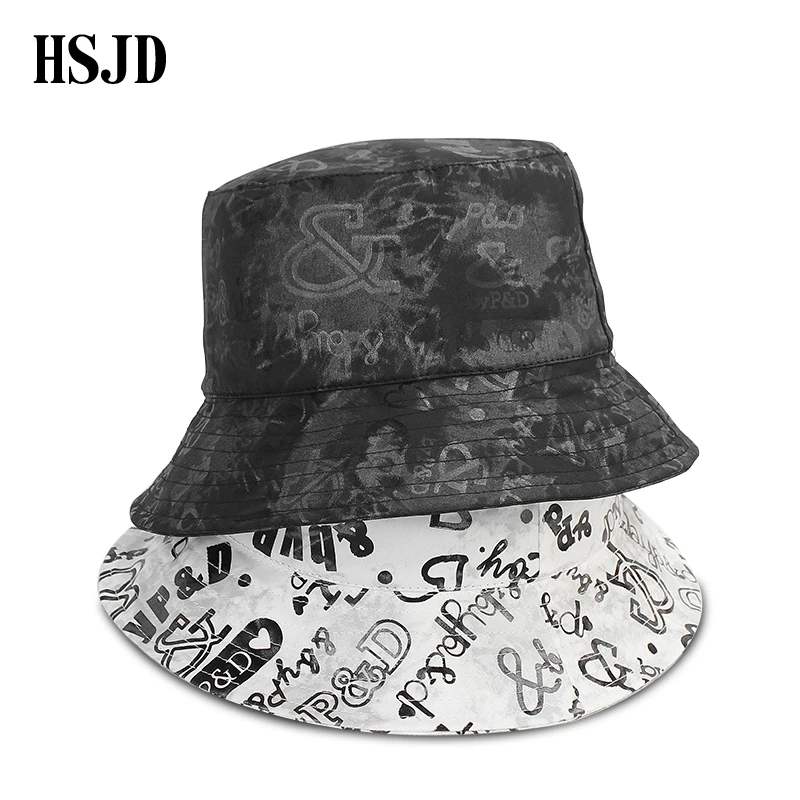 Black White Graffiti Bucket Hats for Men Women Letter Hip Hop Unisex Sunscreen Caps Sun Hats