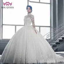 Арабское винтажное свадебное платье с воротником-стойкой и длинным рукавом es, бальное платье с кружевной аппликацией, свадебное платье со шлейфом W0019