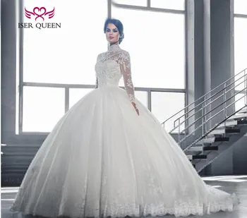 

High Stand Collar Long Sleeve Arab Vintage Wedding Dresses Ball Gown Lace Appliques Sequin Beaded Court Train Wedding Dress