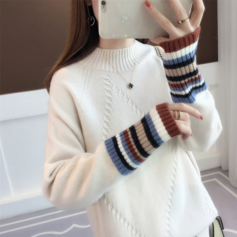 Koop 2019 Verse Truien vrouwen Nieuwe Gekleurde Mouw Half hoge Kraag Tonen Slanke en Lui Wind Gebreide Truien