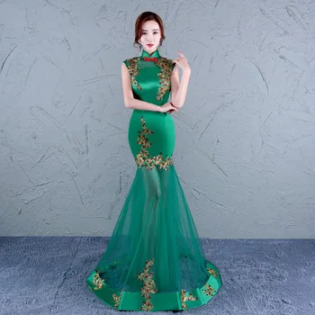 embroidery qipao cheongsam shanghai traditional chinese wedding dragon wedding dress modern qipao dress green long mermaid