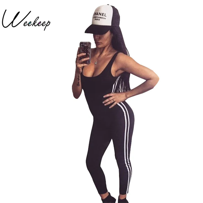 

Weekeep 2017 Women Fitness Jumpsuit Side Stripped Backless Patchwork Bodycon Sleeveless Slim Romper Workout Jumpsuits