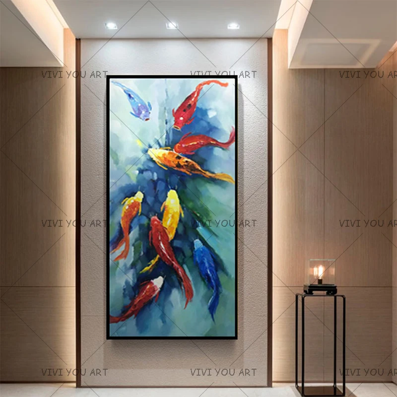 

Unframe 100% Hand painted Landscape Oil Painting Nine Koi Fish painting Wall Canvas goldfish Picture for home Wall decoration
