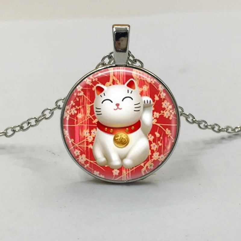 1 шт. новый красный Maneki Neko Lucky Cat стеклянный кабошон тибетский серебряный кулон