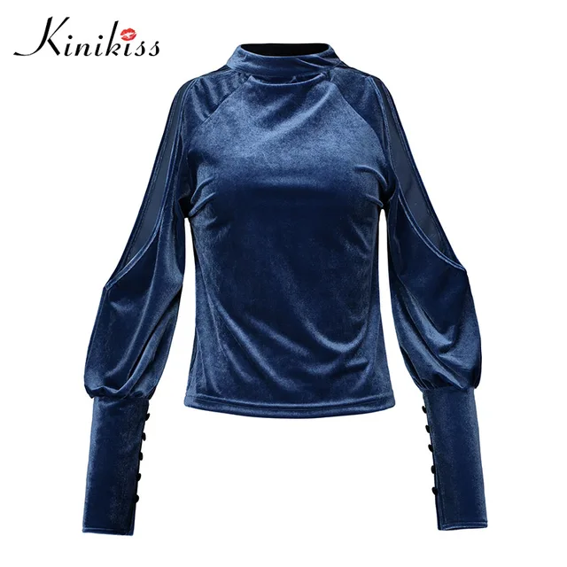 Buy Kinikiss Women Blue Velvet Shirts Tops V Neck