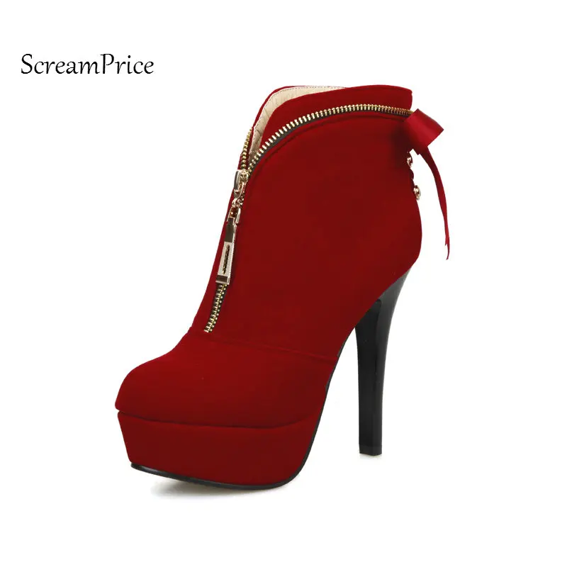 

Suede Zipper Platform High Heel Ankle Boots Fashion Riband Bow Knot Dress Woman Boots Thin Heel Black Red Blue