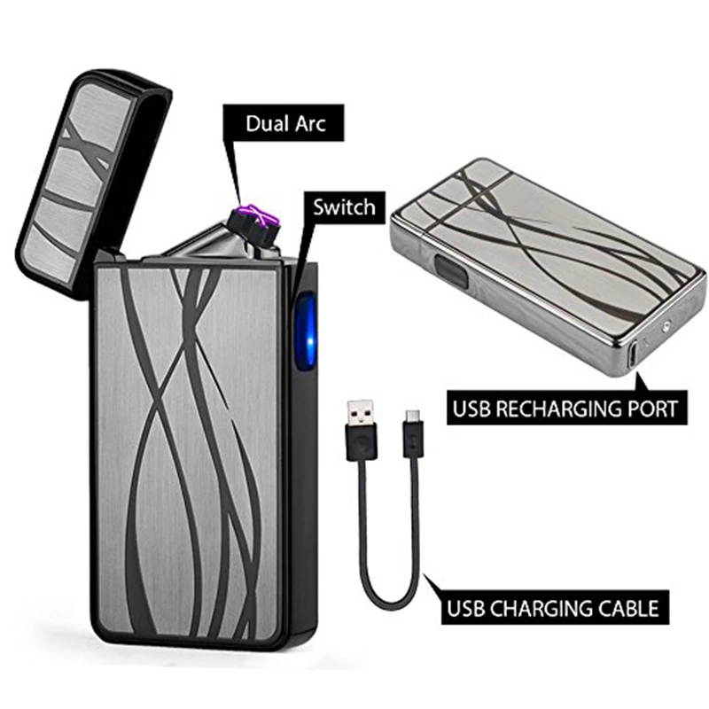 Двойной Импульсный дуги Перезаряжаемые зажигалка USB электронная сигарета, сигара зажигалки плазменной резки Беспламенное ветрозащитное электрическая зажигалка USB