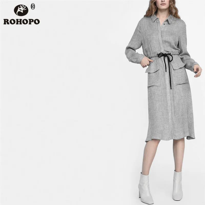 

ROHOPO Long Sleeve Windbreak Midi Dress Drawing Belt hIGH Waist British Autumn Dress Gray Cardigan Vintage Vestido #UK9055