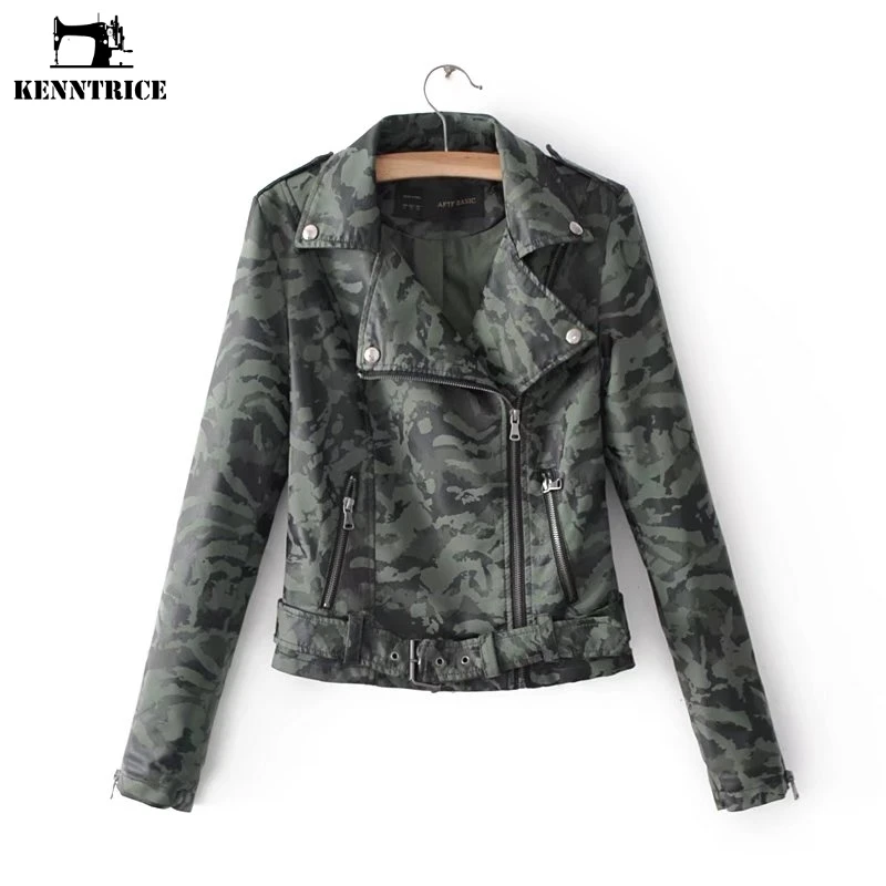 Kenntrice Camo основные 2018 Весна Moto военные камуфляж кожанные куртки женские