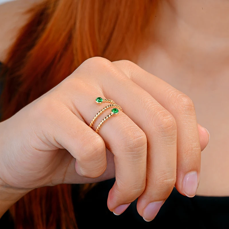 CaiMao Smalle Bezel 0.24ct Natural Cabochon Emerald Exquisite Ring 14K Yellow Gold Wedding Band Resizable