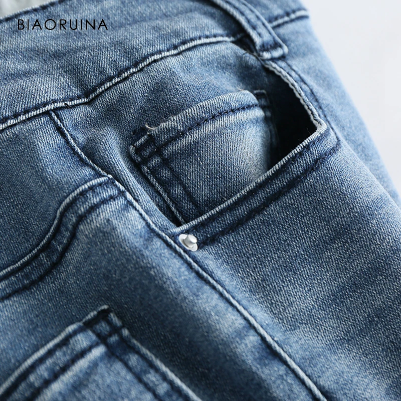 BIAORUINA, женские летние модные тонкие выбеленные джинсы, женские облегающие уличные джинсы-карандаш длиной до щиколотки, повседневные джинсы с дырками