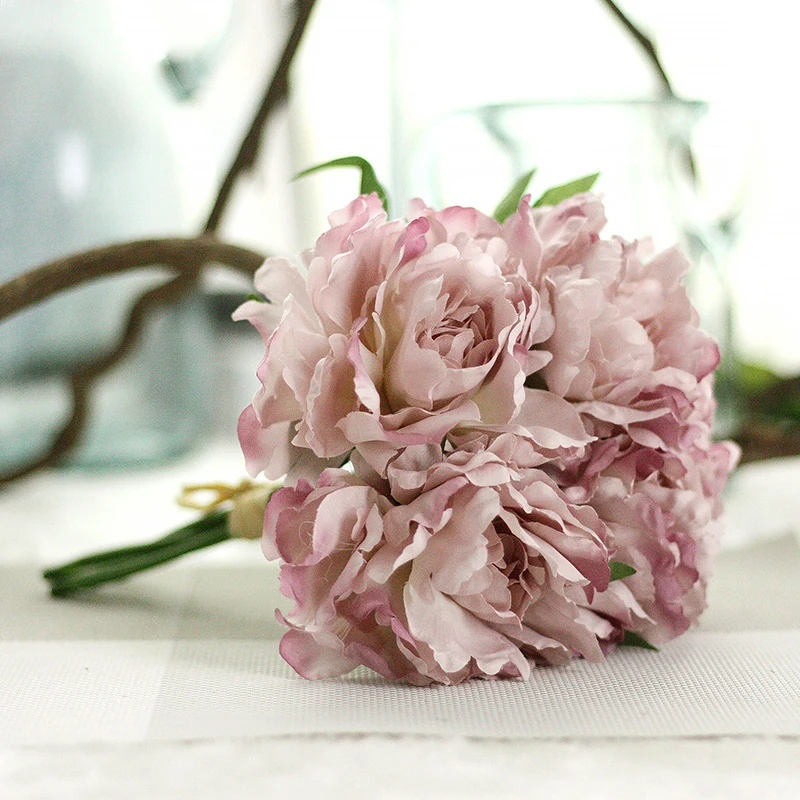 5 головок искусственный цветок Гортензия пион Свадебный букет Шелковый цветок для DIY дома вечерние украшения с зеленым листом натуральный реалистичный - Цвет: 2