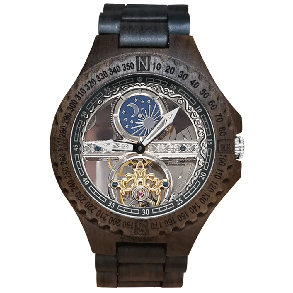 

man xinboqin luxury brand wristwatches waterproof men wooden watches Automatic mechanical moon phase Tourbillon Citizen movement