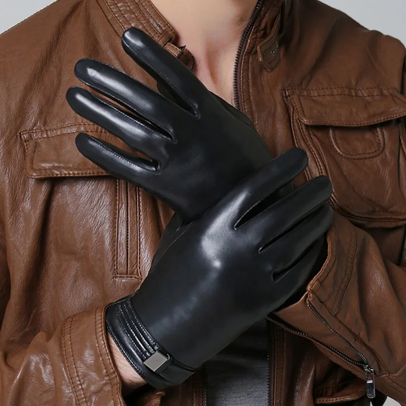 New High end Men Genuine Leather Gloves Fashion Solid Wrist Sheepskin