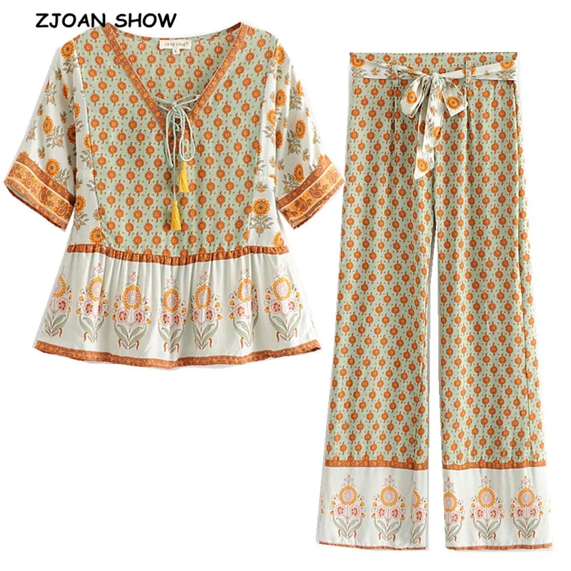 

2019 Green orange floral print Tide Bow Tassel Short Sleeve Shirt Bohemian Long Wide Leg Pants Women Blouse Tops 2 Pieces Set