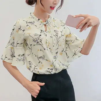 

EFINNY summer blouse Women Flare Sleeve Chiffon Shirts Floral Print Tops Female Half Ladies Blusas