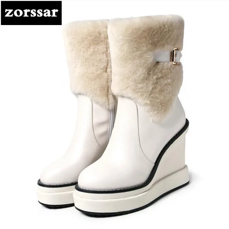 {Zorssar} Winter fur Women Boots Wedges Leather mid-calf Snow Boots Female Warm Plush Insole shoes High Quality Botas Mujer lukuco pure color women mid calf snow boots with faux fur design high quality pu made med wedges heel shoes
