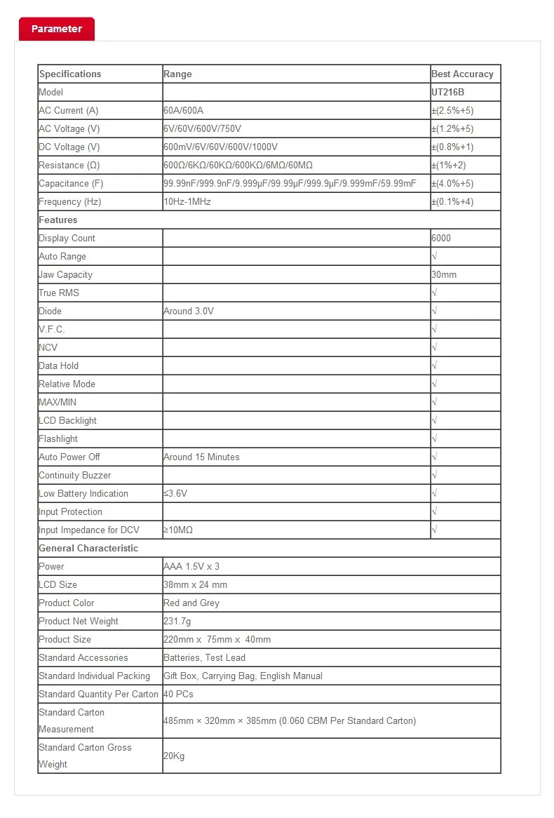 UNI-T UT216B 600A Цифровой Токоизмерительные клещи NCV V. F. C диод ЖК-дисплей подсветка ЖК-дисплей рабочий светильник