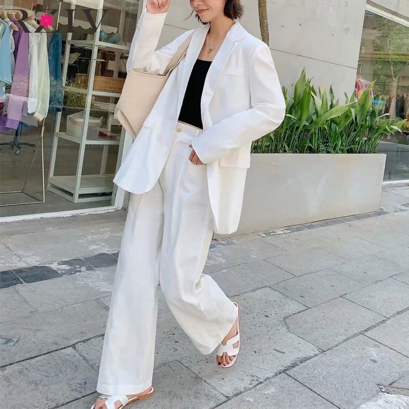 

RZIV women's blazer jacket set suit casual solid color double-breasted suit + wide leg pants suit