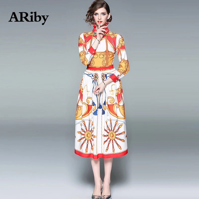 Women Dress Long Maxi Dress 2019 Spring Fashion Vintage Temperament Printed Lapel Slimming Nine-sleeved Mid-Calf A-Line Dresses