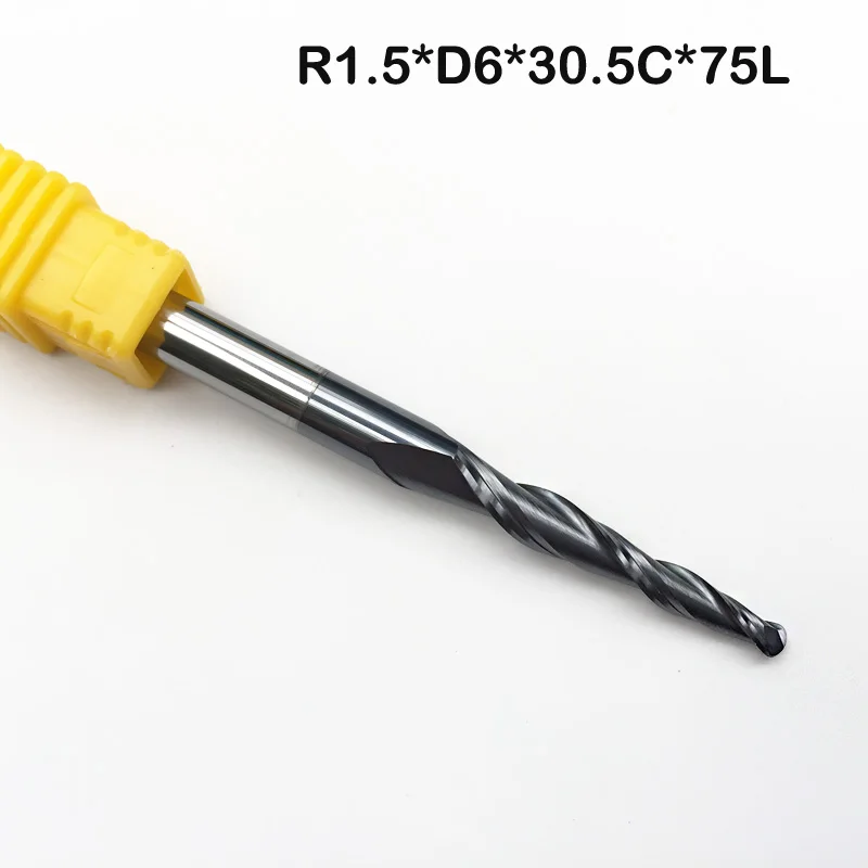 

2pc R1.5*D6*30.5*75L*2F HRC55 Tungsten solid carbide Taper Ball Nose End Mill cone milling cutter cnc router bit wood knife tool