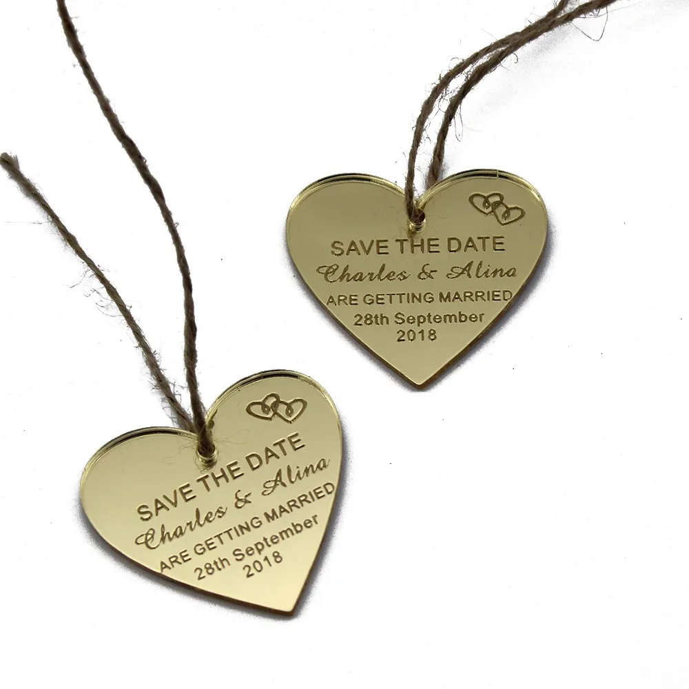

Set Of 30pcs Personalized Engraved Wedding Tags Mirror Save The Date Tag Love Heart Shape Tags With Jute String Favors 50x50mm