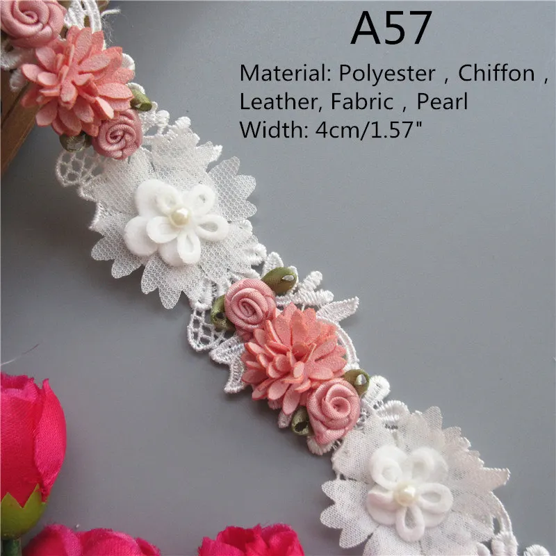 Растворимый полиэстер 3D Красочные цветы жемчужина вышитые кружева отделка ленты из ткани, шитье ручной работы ремесло для костюм шляпа украшения - Цвет: A57
