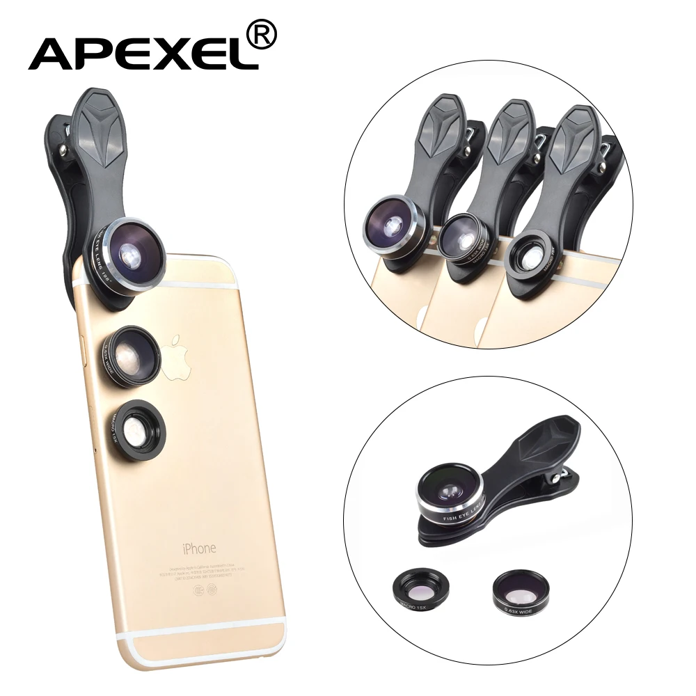 APEXEL Клип сотовый Камера объектив 198 градусов рыбий глаз + 0.63X Широкий формат 15X