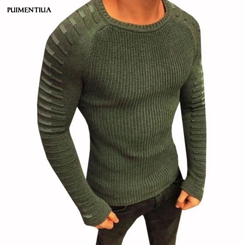 

Puimentiua 2019 Men's Knitwear Round Neck Long Sleeve Sweater Pleated Design Mohair Tops Winter Autumn Fit Slim Male Sweater
