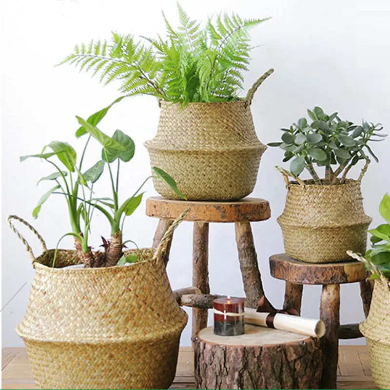 Garden Plant Flower Pot Handmade Rattan Storage Basket Foldable Seagrass Straw Hanging Woven Handle Toy Storage Container 1Pc