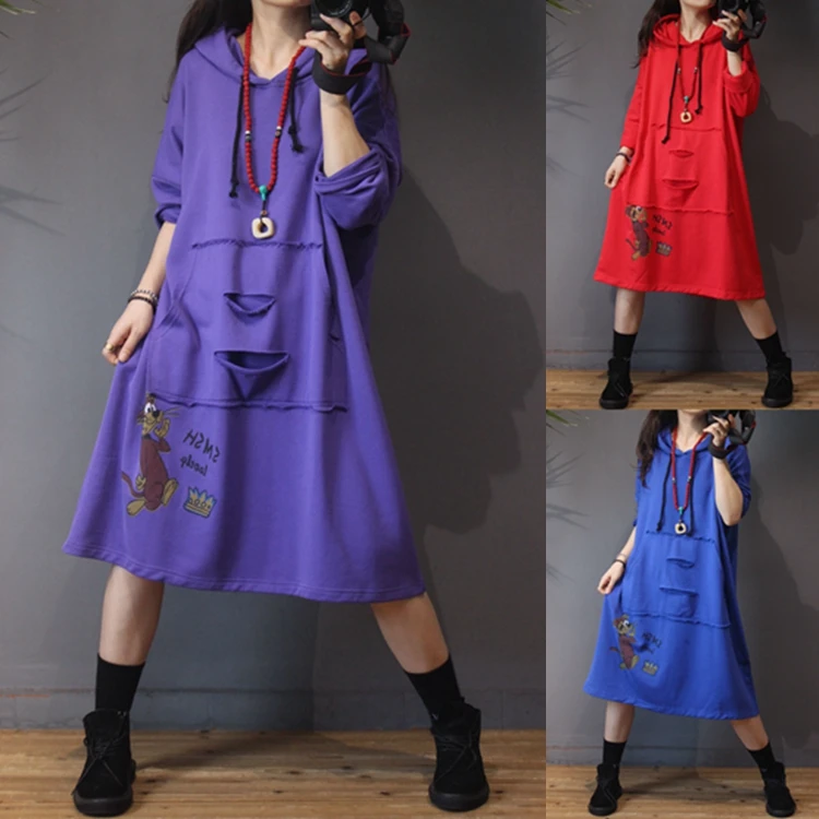

Spring Autumn Women Casual All-match Ultra Loose Plus Size Vintage Hooded Cartoon Print Water Washed Cotton Sweatershirt Dresses