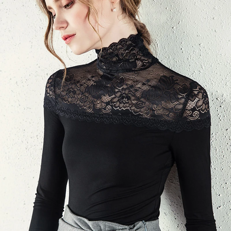 

MUMUZI turtleneck lace plus velvet thickening blouse bottoming shirt women's 2019 spring and winter new slim long-sleeved shirts