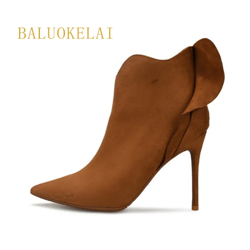 

Ankle Boots for Women Shoes Pointed Toe Sexy 10CM Ruffles Flock Material Thin High Heels Ladies Boots,K-026