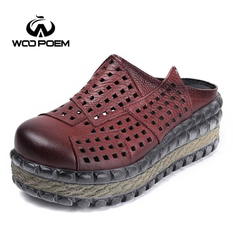 

WooPoem Spring Summer Shoes Woman Genuine Leather Shoes Fashion Hollow Slippers Women Shoes Wedges High Heel Slides 7199