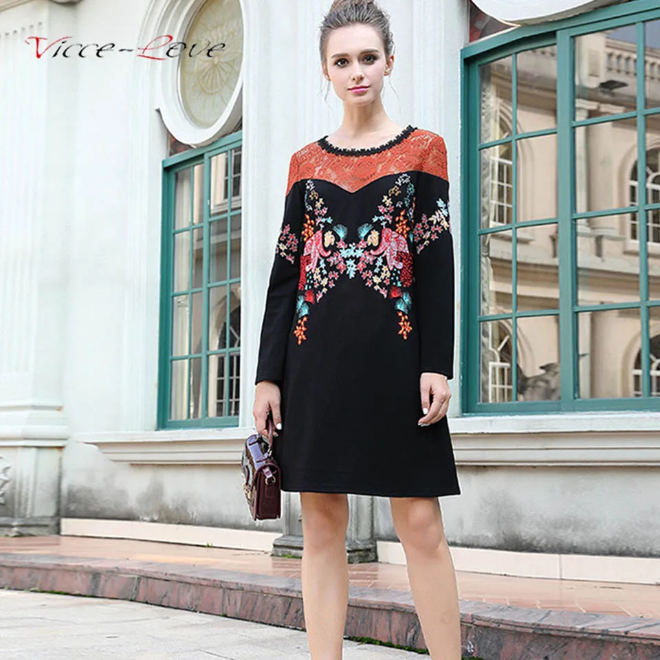 2018 Spring Vintage Women Black Dress Elegant Embroidered Dresses Black