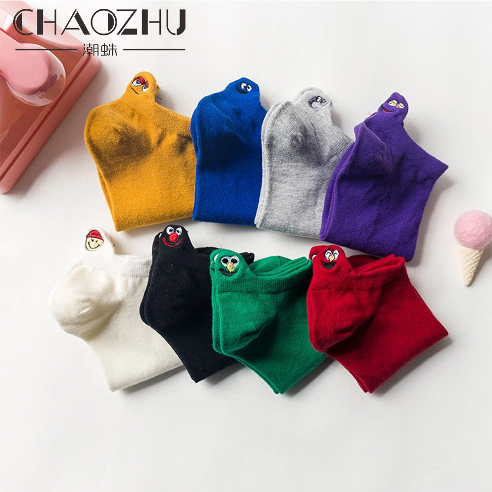 CHAOZHU/Новинка года; повседневные женские носки из 90% хлопка с вышитыми птицами; 7 цветов; фиолетовый, желтый, темно-синий, зеленый, красный цвета