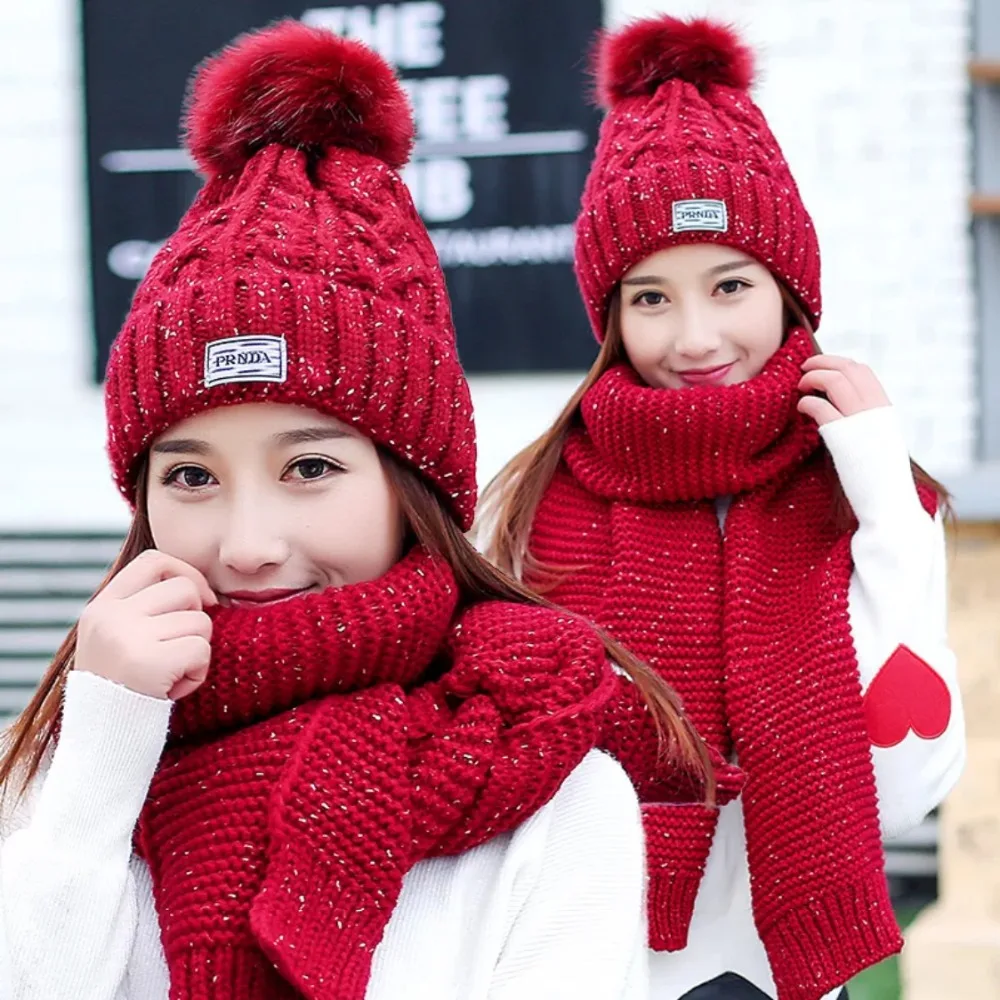 

New Beanies Knitted Hat 2Pcs harajuku Women Winter Warm Knitted Venonat Beanie Hat+Scarf Keep Warm Set pompom hip hop