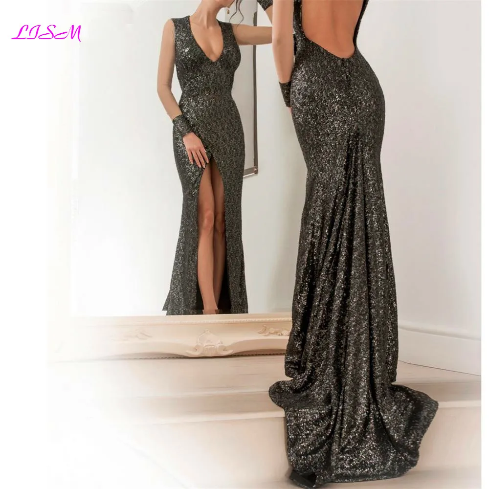 Vintage Arabic Sequined Mermaid Evening Dresses 2019 Deep V Neck Backless Long Prom Gowns Sheer Full Sleeves Split Formal Dress Vintage Arabic Sequined Mermaid Evening Dresses 2019 Deep V Neck Backless Long Prom Gowns Sheer Full Sleeves Split Formal Dress