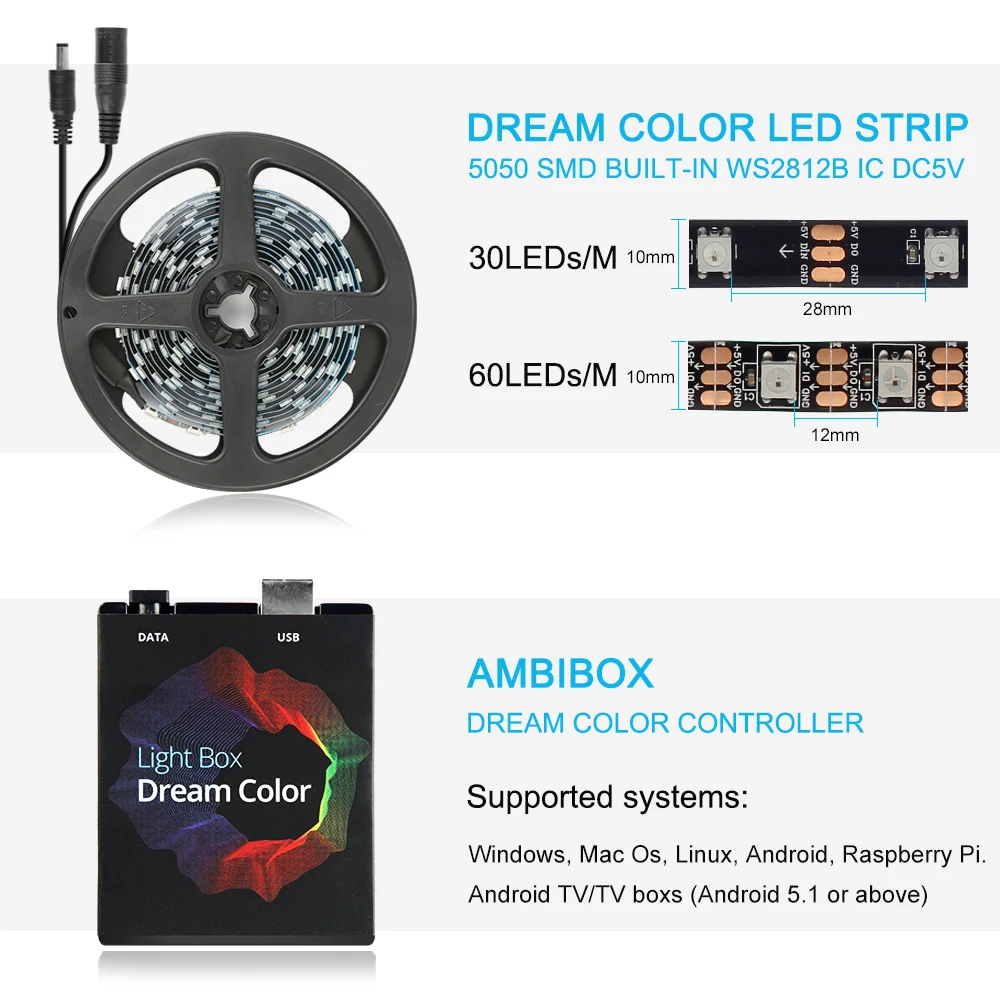 Дешево Светильник Ambi tv USB Светодиодная лента светильник 5050 RGB Dream color ws2812b полоса для ТВ настольного ПК экран тыловая подсветка 1 м 2 м 3 м 4 м 5 м
