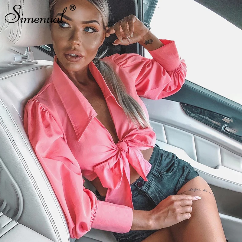 Simenual Fashion Bandage Pink Shirts Women Long Sleeve Cropped Blouses 2019 Autumn Deep V Neck Sexy Hot Blouse Shirt Ladies Slim