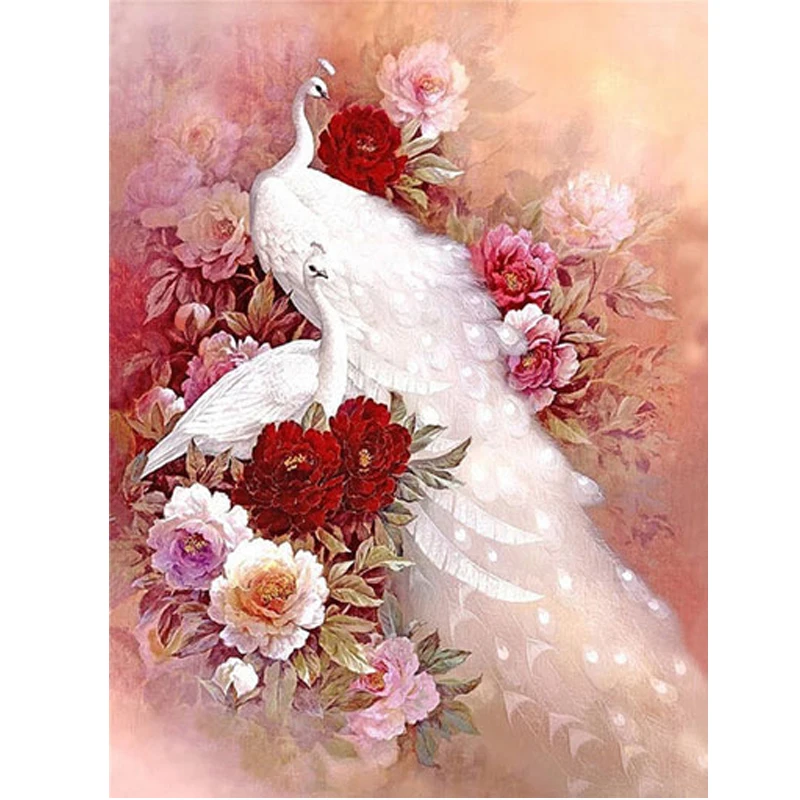 Animal Series 5D Diy Diamond Painting Cross Stitch Two White Peacock Diamond Embroidery Square Full Drill  Mosaic Picture Peony