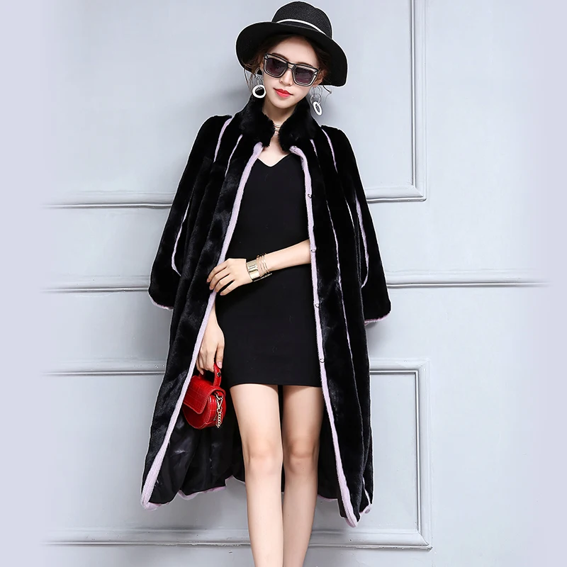 2019 New Women Faux Fur Coat Long Black and Purple Contrast Color Striped Patchwork Loose Overcoat Plus Size 5XL 6XL | Женская одежда