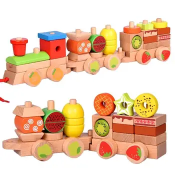

Wooden Children Early Education Fruit Train Blocks Children's color and shape cognition Set Puzzle Toy
