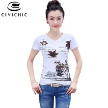 CIVI шикарная женская футболка в китайском стиле, расшитые блестками Футболки с кленовыми листьями, модный тонкий топ с принтом, футболка с v-образным вырезом, плюс размер, хлопковая одежда, WST27