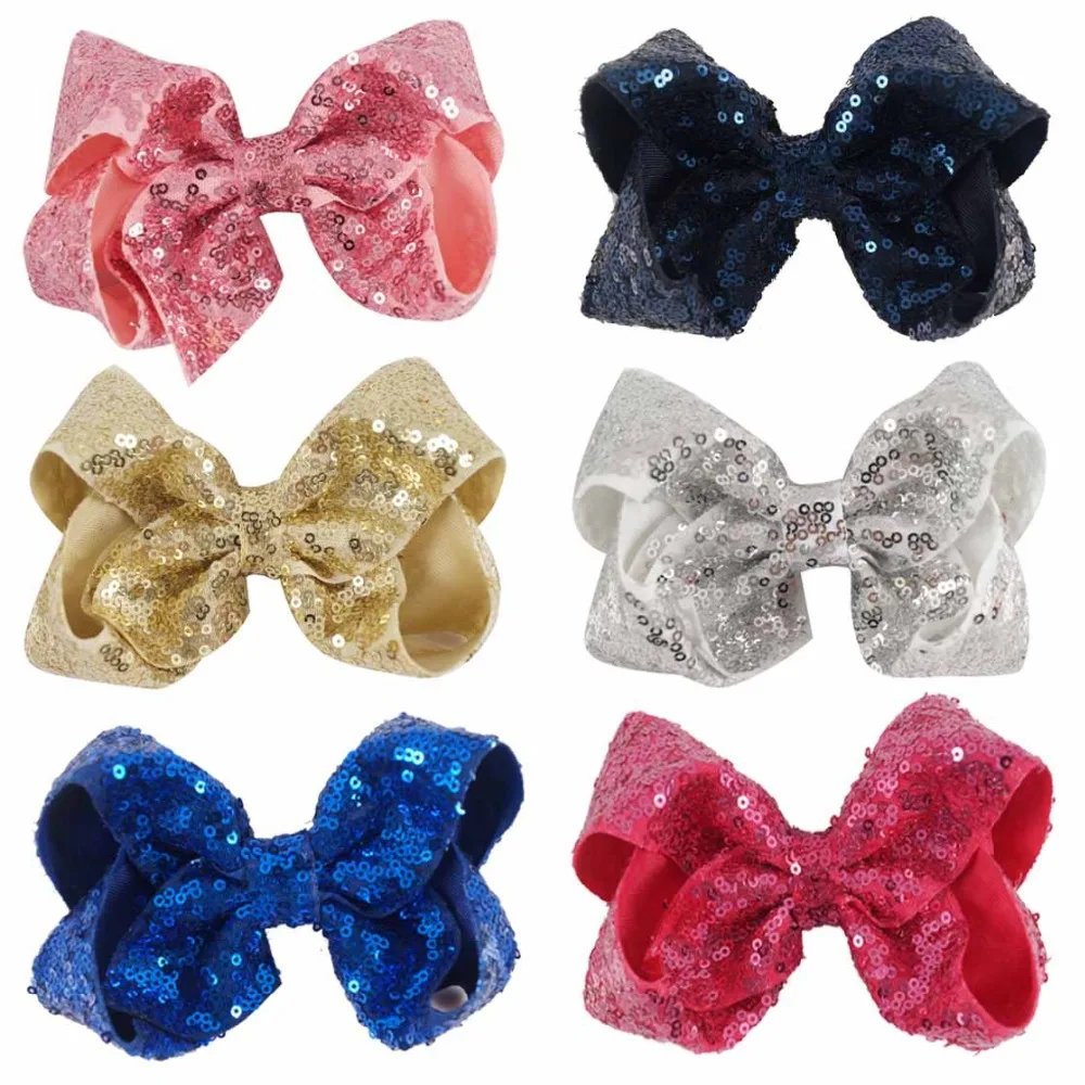 ncmama 5 Inch Sequin Hairclips Girls Rainbow Glitter Grosgrain Ribbon Hairbow with Clips Handmade Children' Hair Accessories |