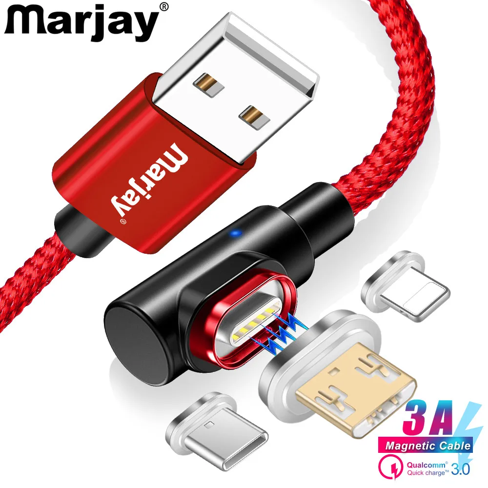 Marjay Магнитный USB кабель 90 градусов 3A быстрое зарядное устройство Micro usb type C кабель для iPhone Samsumg Xiaomi huawei кабели для мобильных телефонов