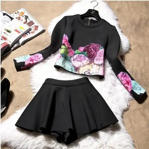 О Шеи осень зима женщины цветы замши с длинным рукавом куртки + юбка костюмы