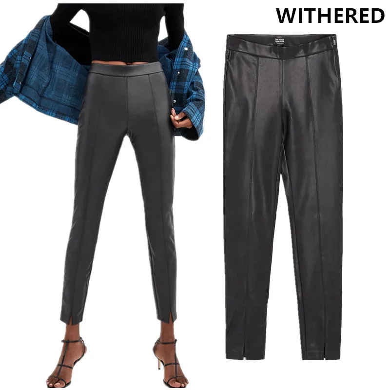 

Withered pants women harajuku high street side zipped spliced skinny forking sexy penicl PU pants Leather pants plus size women