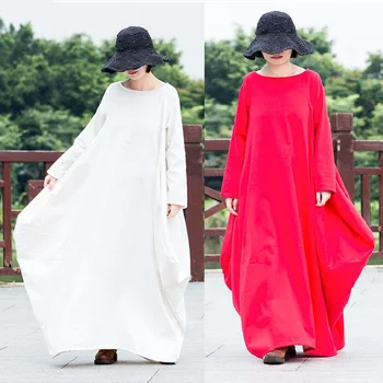 

Winter Women Fleece Cotton Linen Loose Long Dress slash neck elegant China Style maxi dress linen dresses robes longos vestidos