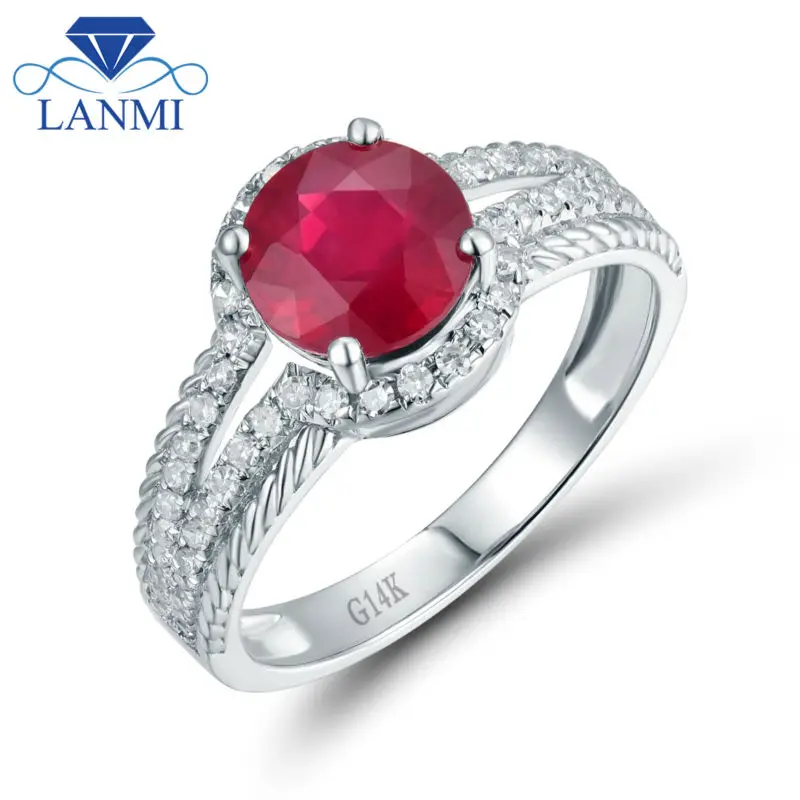 Luxury Round 7mm Ruby Ring 14K White Gold Natural Diamond Good Quality